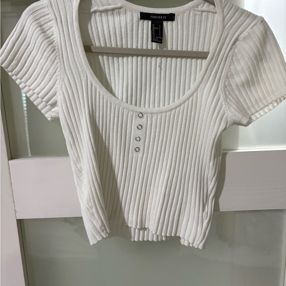 Forever 21 Cream Ribbed Short Sleeve Top